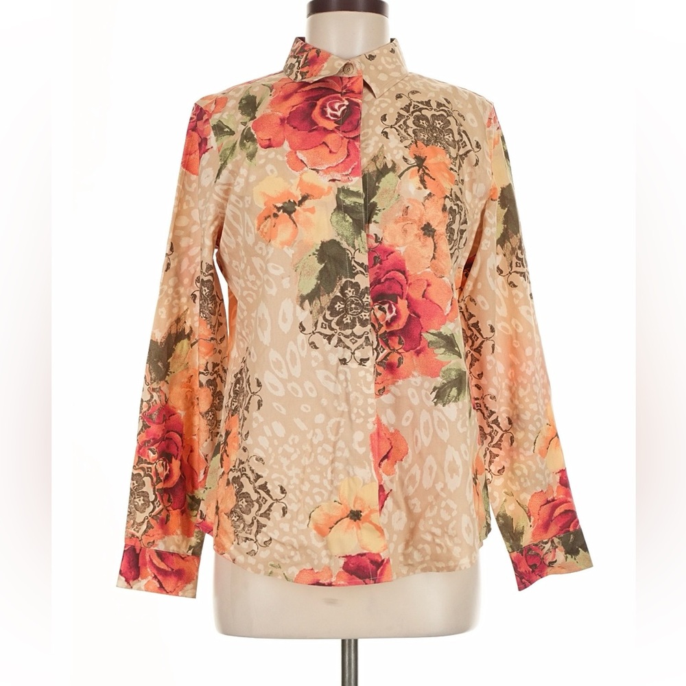 Chico's Beige Button-Down Blouse with Coral & Green Floral Print